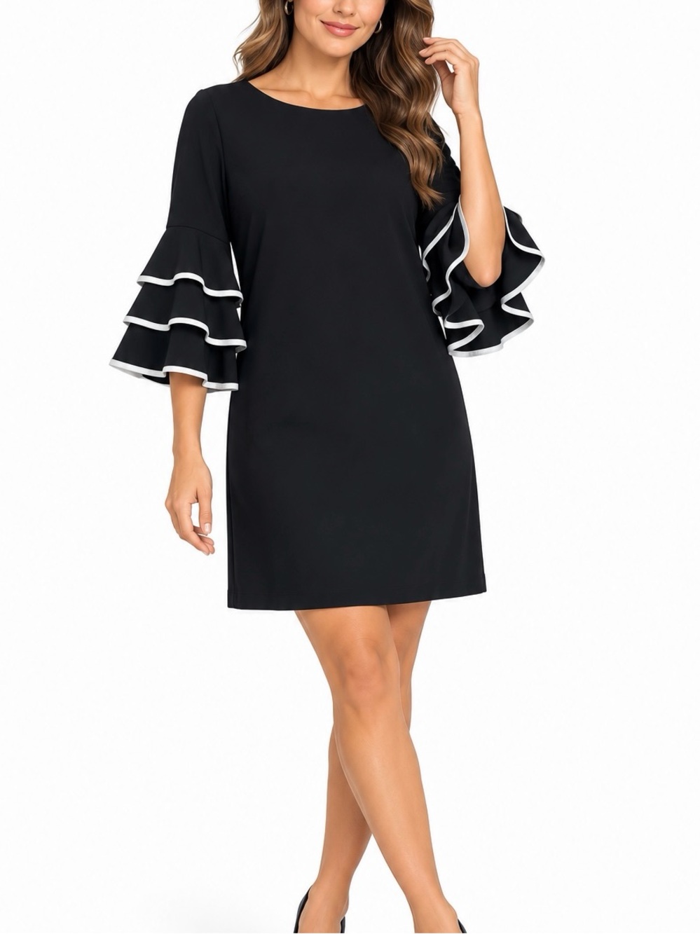 Danny Nicole Black Shift Dress Size 14 Ruffle Bell Sleeves White Trim